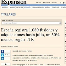 Espaa registra 1.080 fusiones y adquisiciones hasta julio, un 30% menos, segn TTR